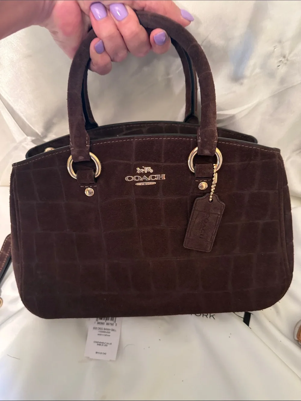 🤎Coach PreOwned Vintage Brown Maple  Savannah Small Carryall Suede Croc-Embossed